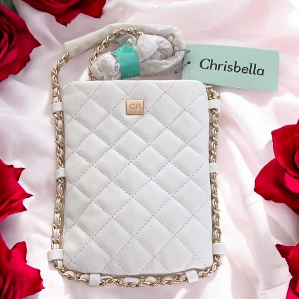 Chrisbella NWT Leather Quilted White Crossbody Bag Pouch Gold Chain Beautiful - Picture 3 of 10